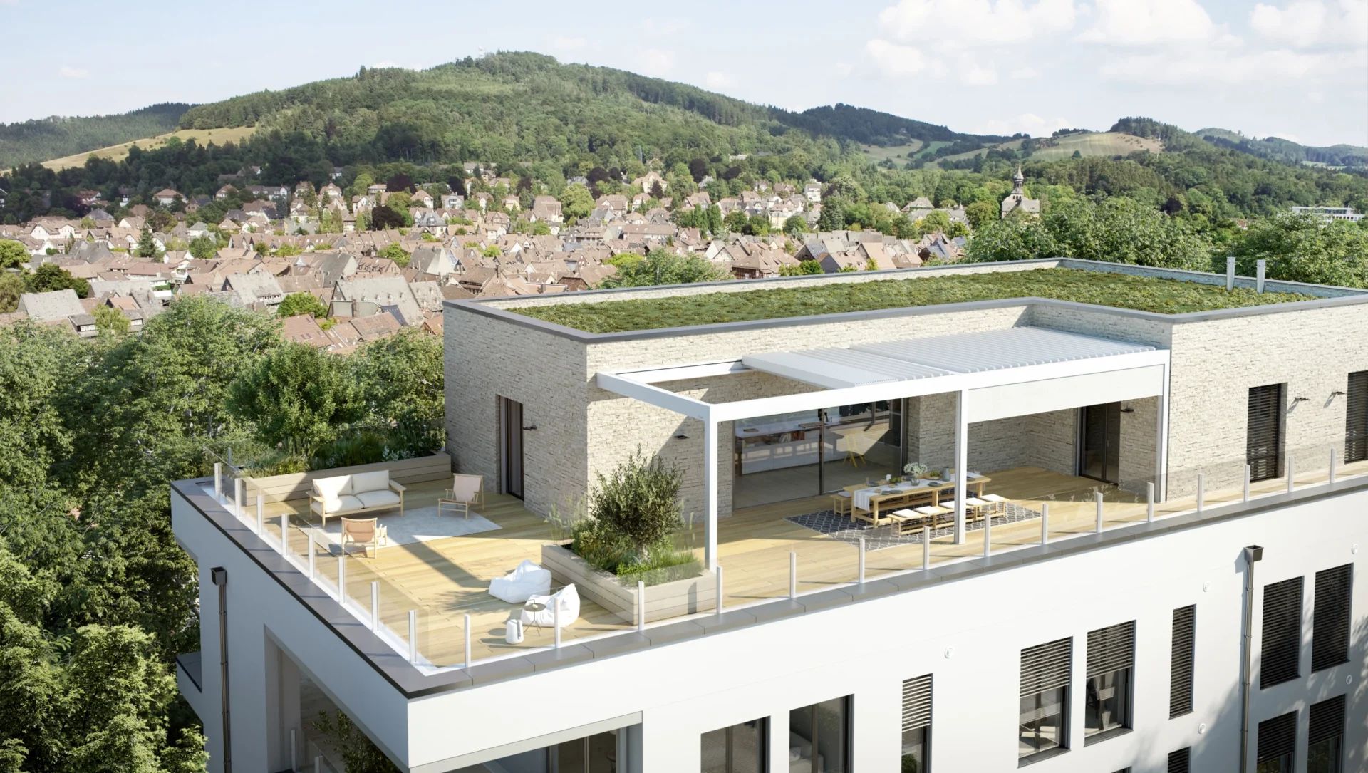 Moderne Penthouse-Wohnung mit Dachterrasse und Panoramablick auf eine malerische Landschaft